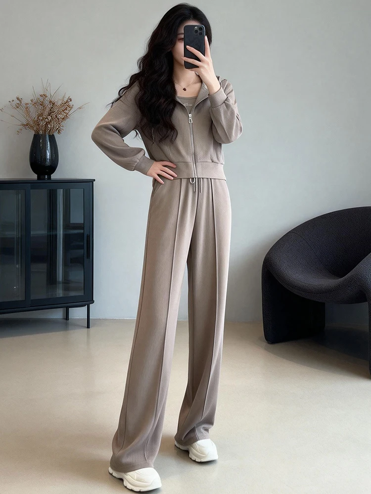 

Chic Spring 2026 Tee-Piece Set Women's Faionable Cardigan Wide Leg Pants Trendy Casual Sle Anti-Wrinkle Medium Thin