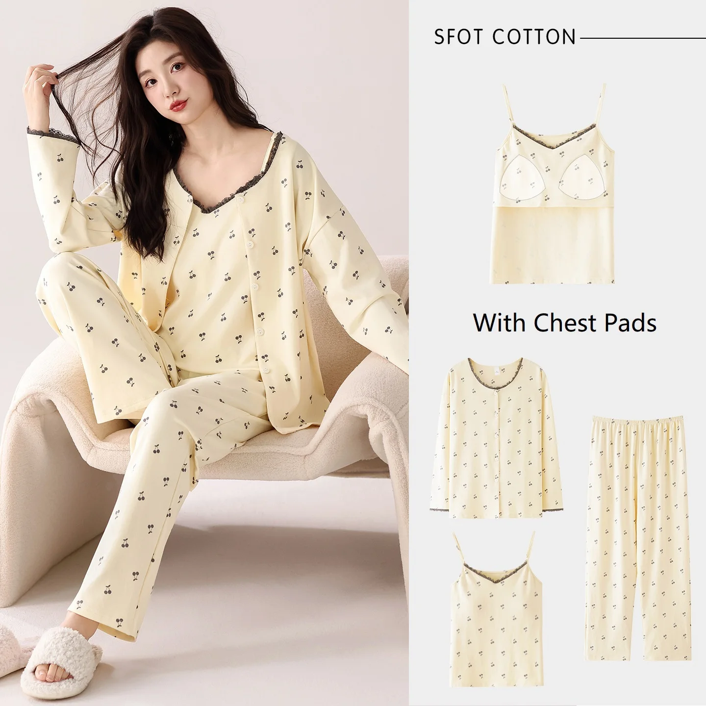 Sling Tops+Long Sleeve Tops+Long Pants 3pc/set Women Cotton Pajamas Sets Spring Summer Casual Tracksuit Pyjamas Female Pijamas