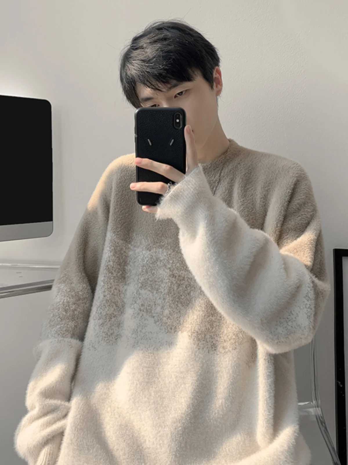

Men's Knitted Sweater Thiened Winter Wear adual Color Mink Fur Small Collar Inner Design Couple's Jaet Casual Sle