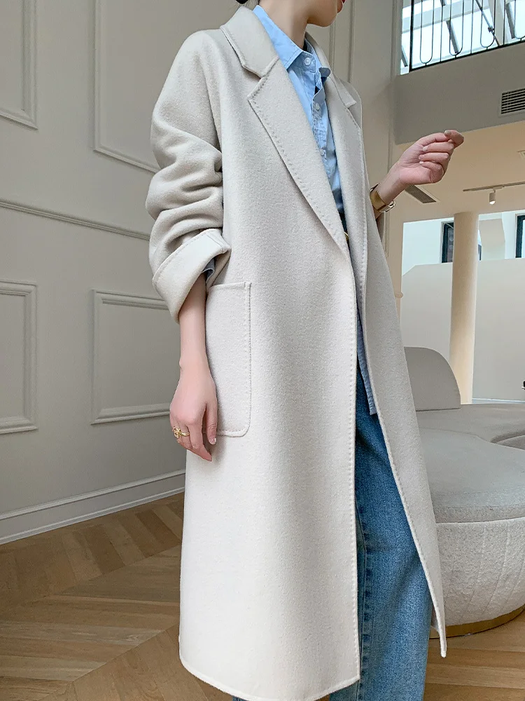 LONGMING Chic Long Woolen Coats Women Winter 2022 100% Merino Wool Overcoat Jacket Fashion Elegant Ladies Autumn Clothing Korean