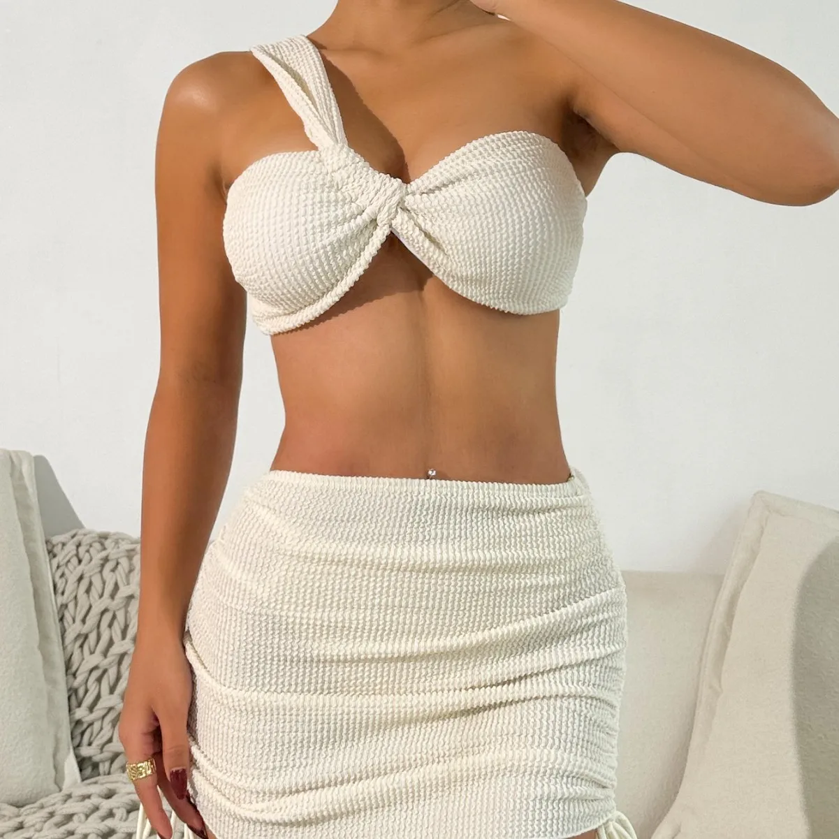 

Sexy Single Shoulder Three-piece Bikini Swimsuit Women's Fashionable Casual Surfing Suit with Chest Pad No Steel Support