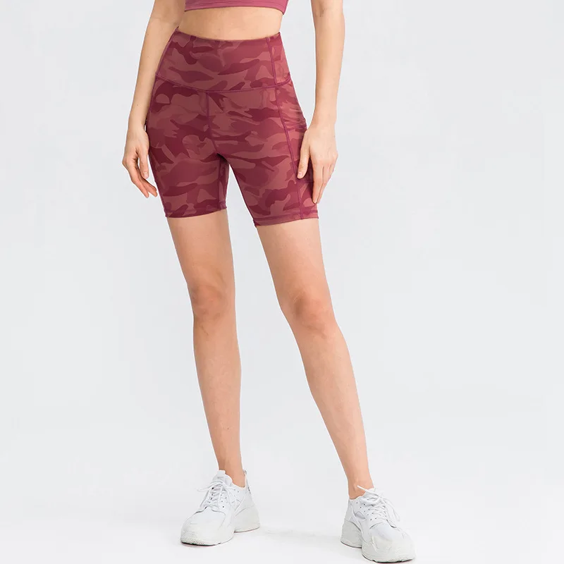 Women's printed nude yoga shorts with pockets skin-friendly tight stretch quick-drying sports fitness hiking running shorts