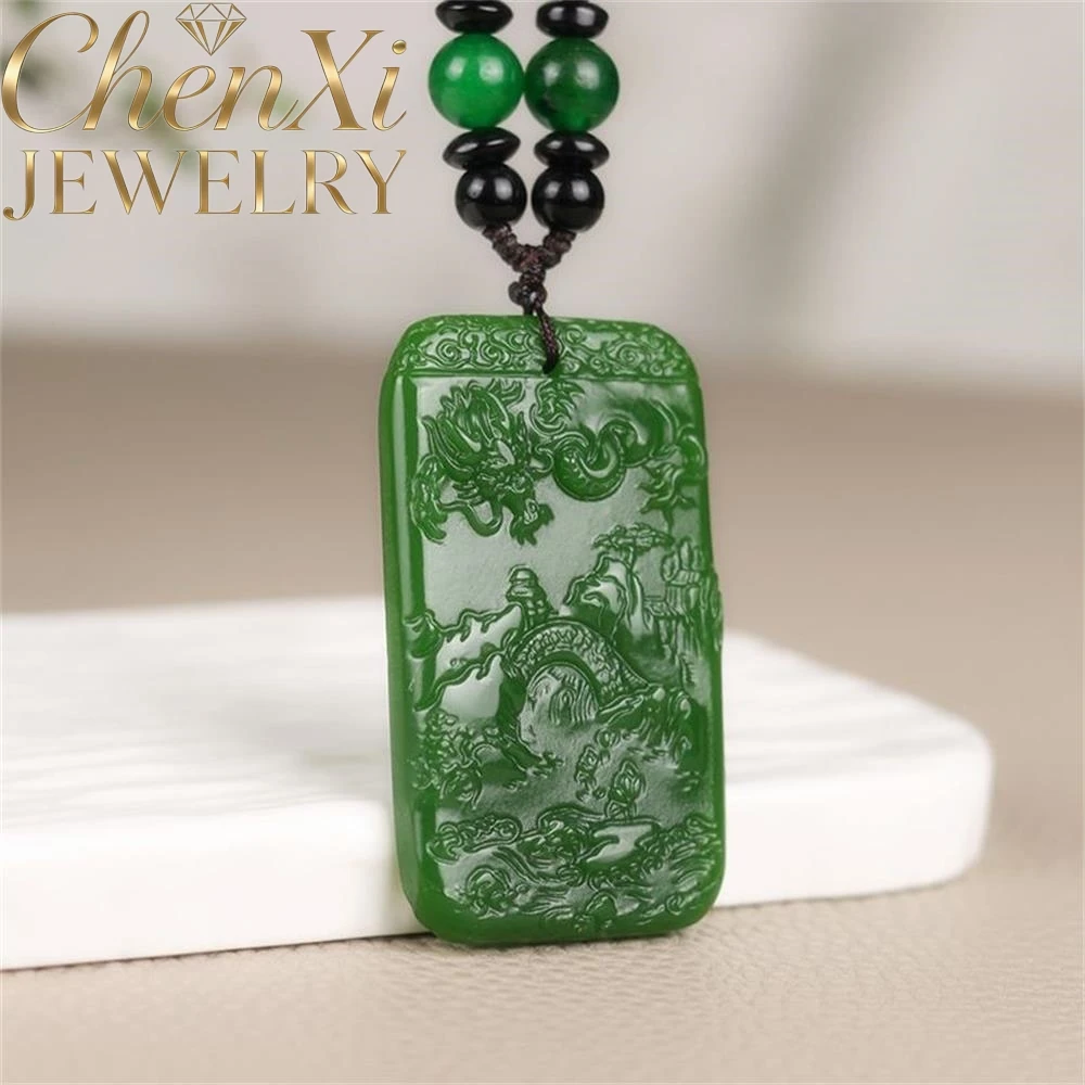 Natural Hetian Jade Zodiac Dragon Landscape Plate Pendant Luxury Quality Fashion Jewelry Exquisite Elegant Amulets Mascots Gift