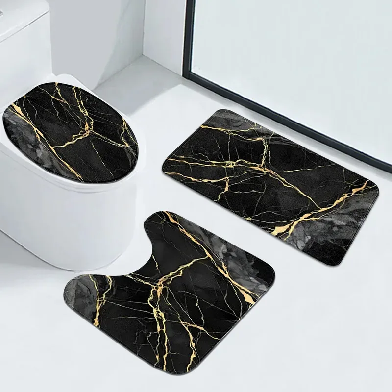 VIKAMA Badezimmer-Set mit schwarzem Goldmarmor-Muster, dreiteilig, Bodenmatte, saugfähiger, rutschfester Badezimmerteppich, Heimdekoration