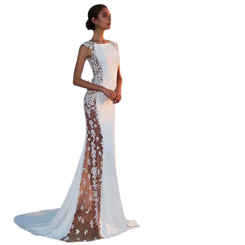 Elegant temperament evening dress with lace patchwork and extra long dress, sexy hollow out for women