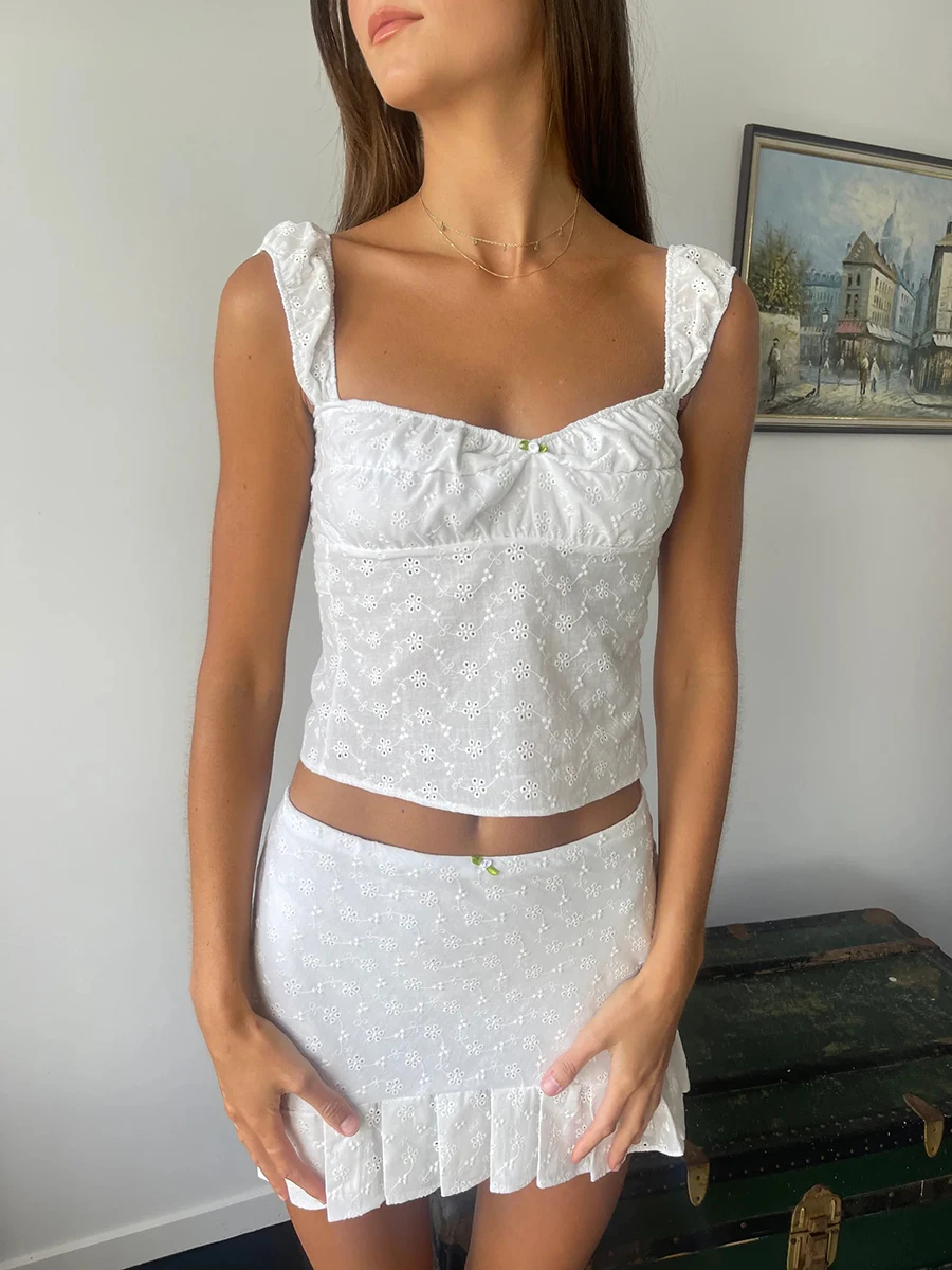 Sexy Backless Tie Up Camis Y2K Vintage White Jacquard Hollow Out Crop Tops 2000s Retro Fairy Coquette Milkmaid Tops Tank Vest