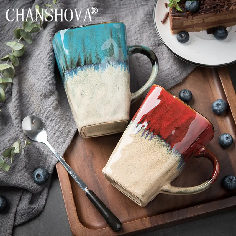 

CHANSHOVA-Porcelain Coffee Mug, Creative Teacup, European Retro Style, Color Glaze, Square Ceramic Mug, China, H254, 400ml