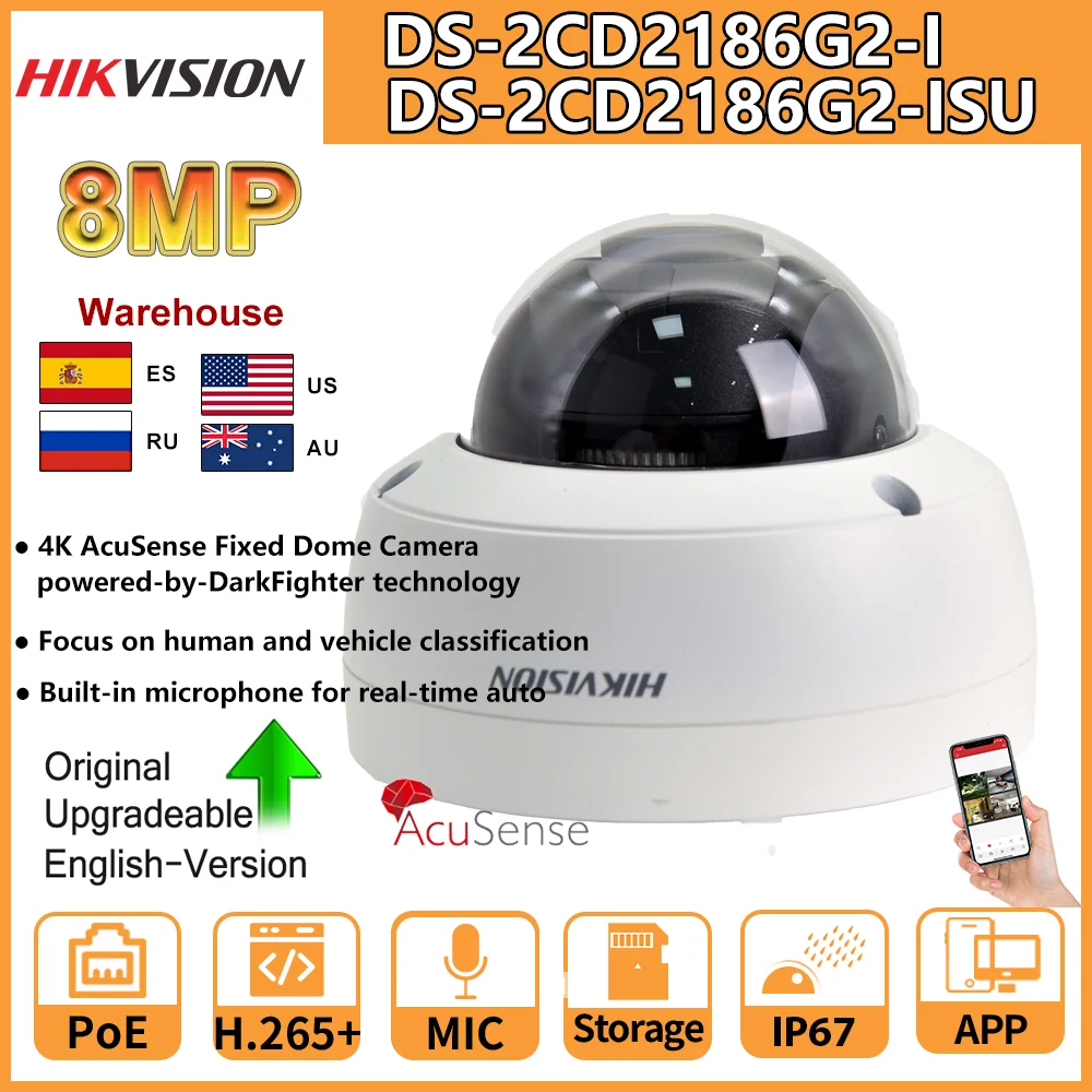 

Hikvision 8MP Dome Camera DS-2CD2186G2-I DS-2CD2186G2-ISU 4K AcuSense Darkfighter Fixed Network Camera POE IP67 Original Version