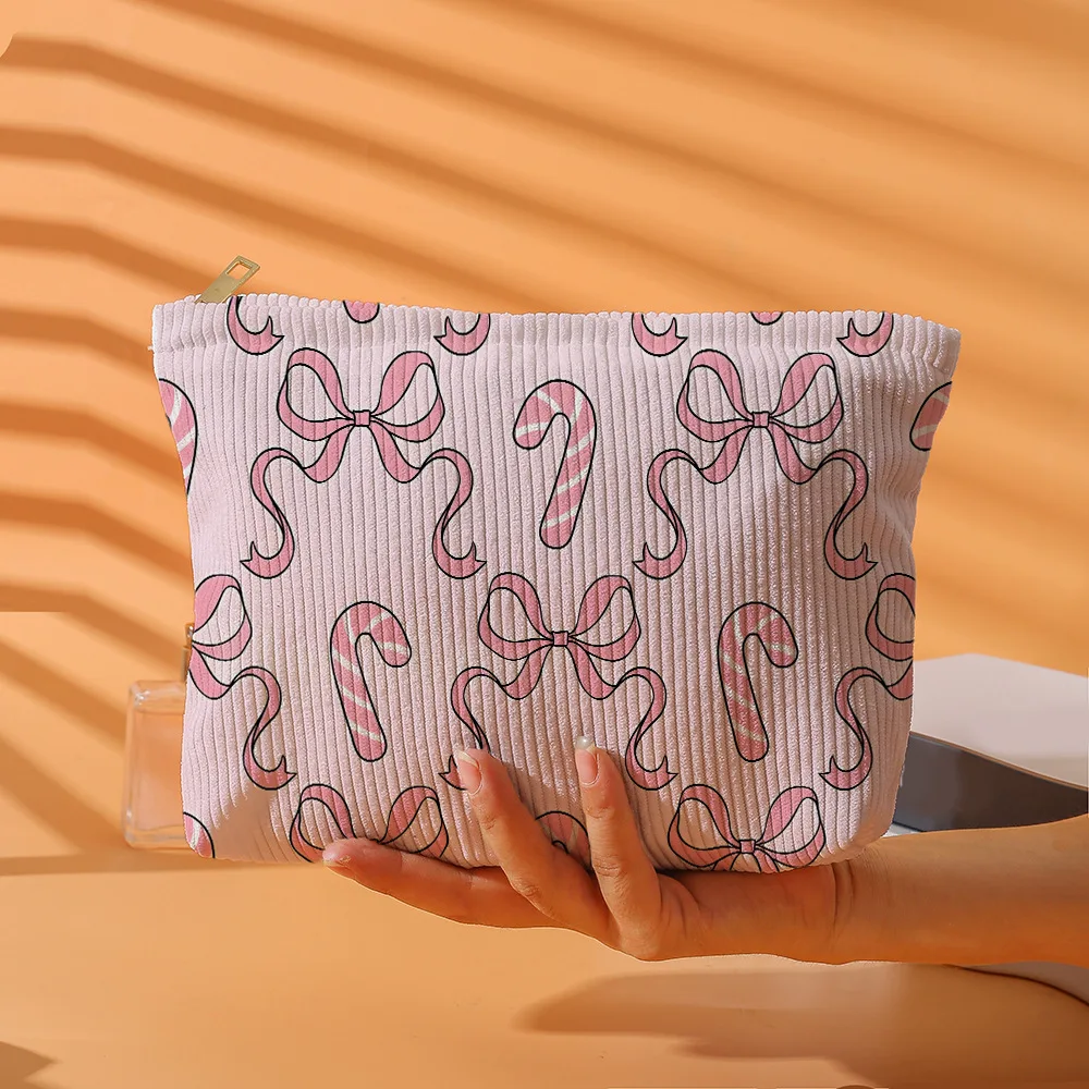 Candy Bow Ribbon Printed Polyester Soft Cosmetic Bag With Zipper, Lightweight Travel Toiletry With Lining Multi Purpose