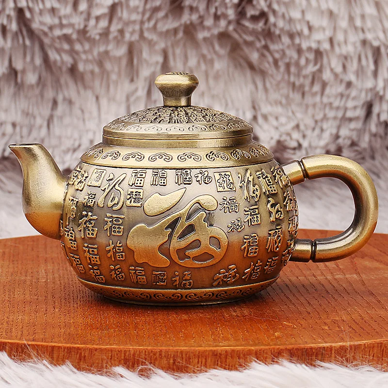 Brass Baifu Teapot Teacup Tea Set Suit Green Antique Vintage Gift Home Tea Desktop Decoration Crafts