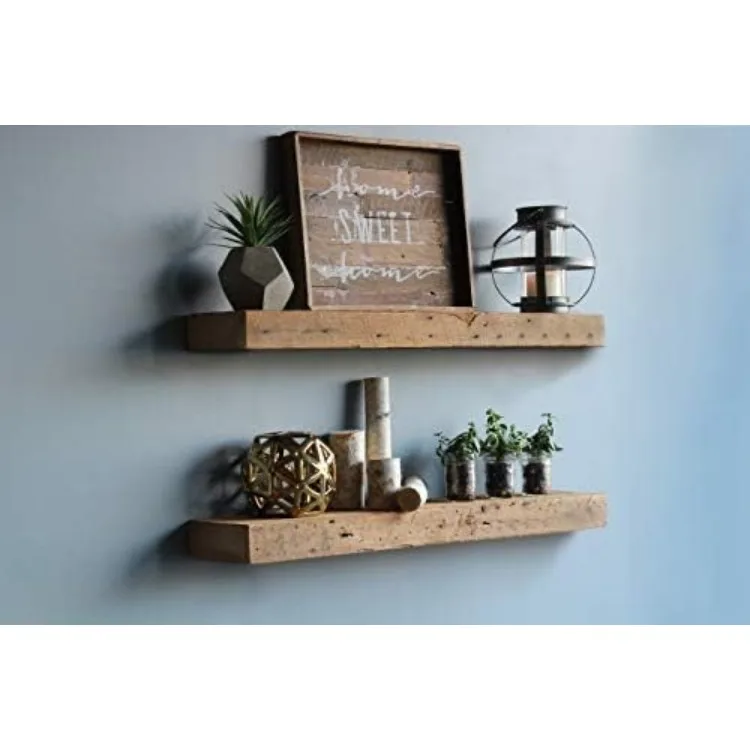 Reclaimed Barn Beam Accent Shelves | Floating or with Brackets Rustic Shelves, Set of 2 | (Floating Natural, 40