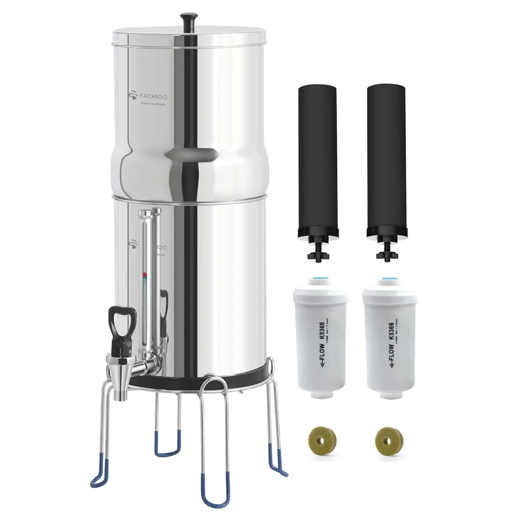 Gravity-Fed Water Filter System, NSF/ANSI 42&372 Standard, 2.25G Stainless-Steel Countertop System with 2 Black Elements