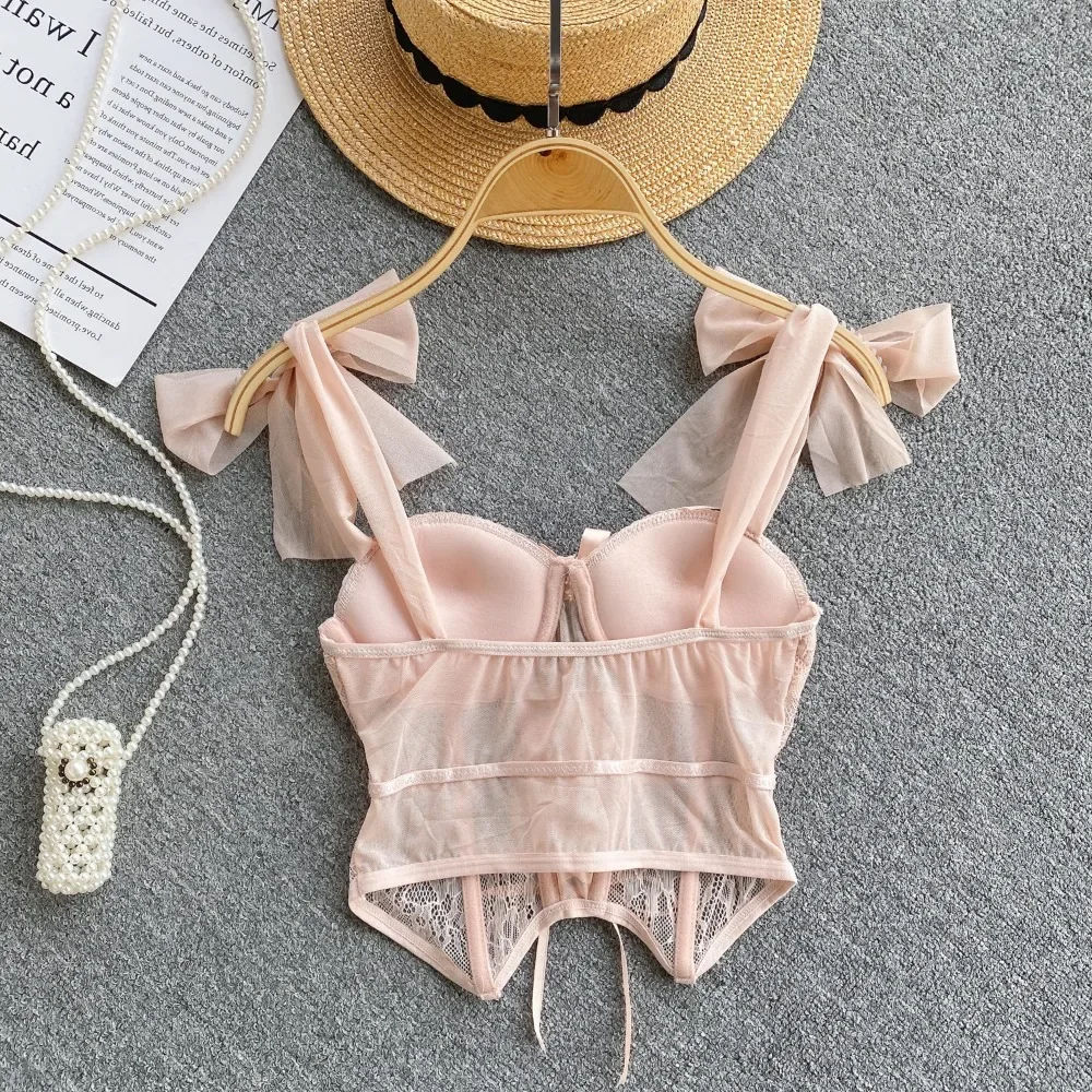 Spaghetti Strap Tank Top for Women Strapless Build in Bra Lace Patchwrok Tulle Bow Camis Summer Casual Female Camisoles Dropship