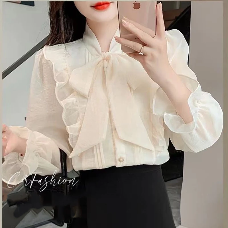 French Ruffled Edge Age Reducing Loose Chiffon Shirt for Women\'s Spring summer Sweet Temperament Bow Versatile Long Sleeved Top