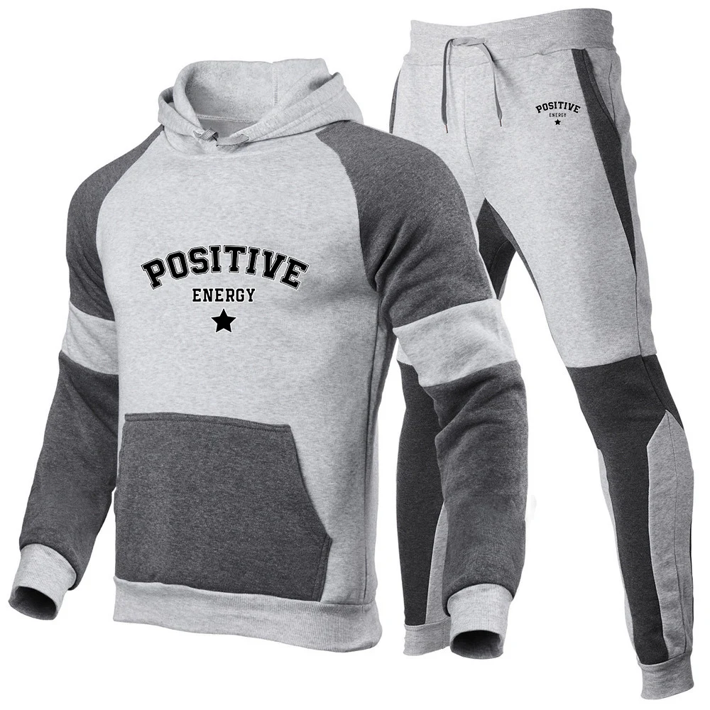 2025 Spring And Autumn New Men POSITIVE ENERGY Print Patchwork Cotton Hoodies Pullover+Casual Sweatpants Sports Suit
