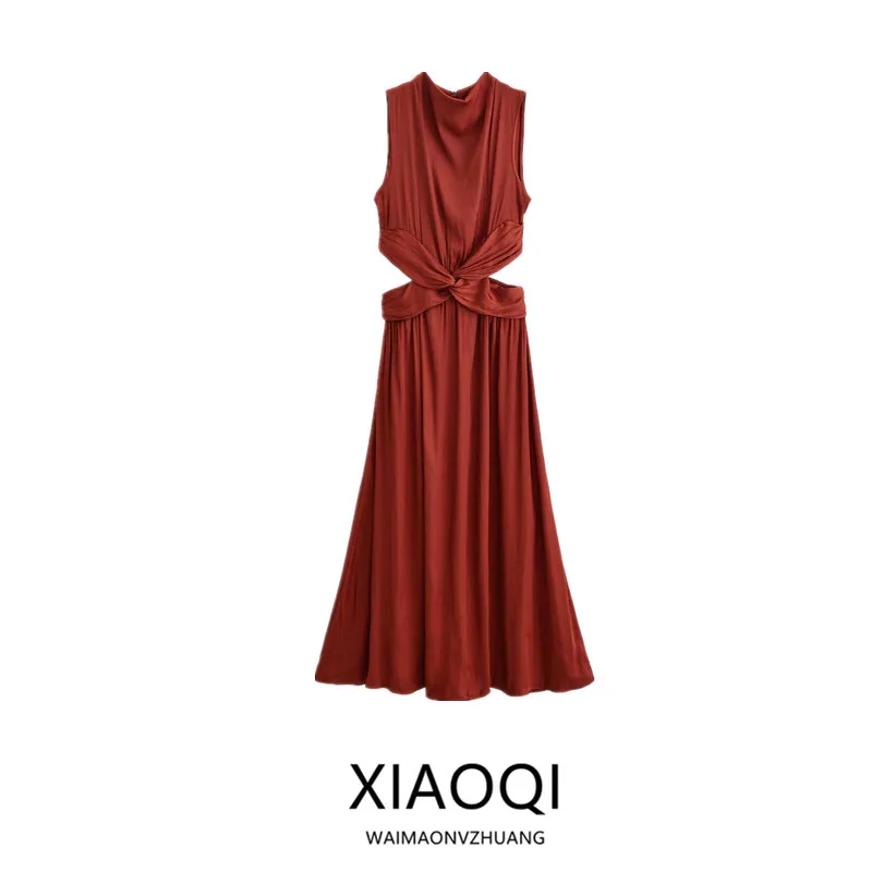 Vestido Midi de Mujer Primavera Verano 2025, Textura de Satén de Seda, Diseño Abierto, Estilo Casual, Sin Mangas, Material 0...