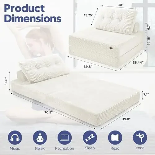 Folding Sofa Bed,Foldable Couch with Large Backrest and Pillows,Convertible Sleeper Chair for Living Room、 Bedroom