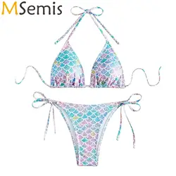 2Pcs Womens Bikini Swimsuit Set Fish Scale Print Mermaid Bikini Top And Bikini Briefs Set Pool Beach Party Swimwear Bathing Suit