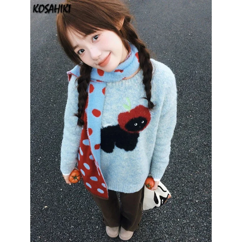 Vintage preppy kawaii cartoon jacquard sweaters sweet Harajuku loose GRUNGE jumpers Y2K aesthetic women blue knitted pullovers