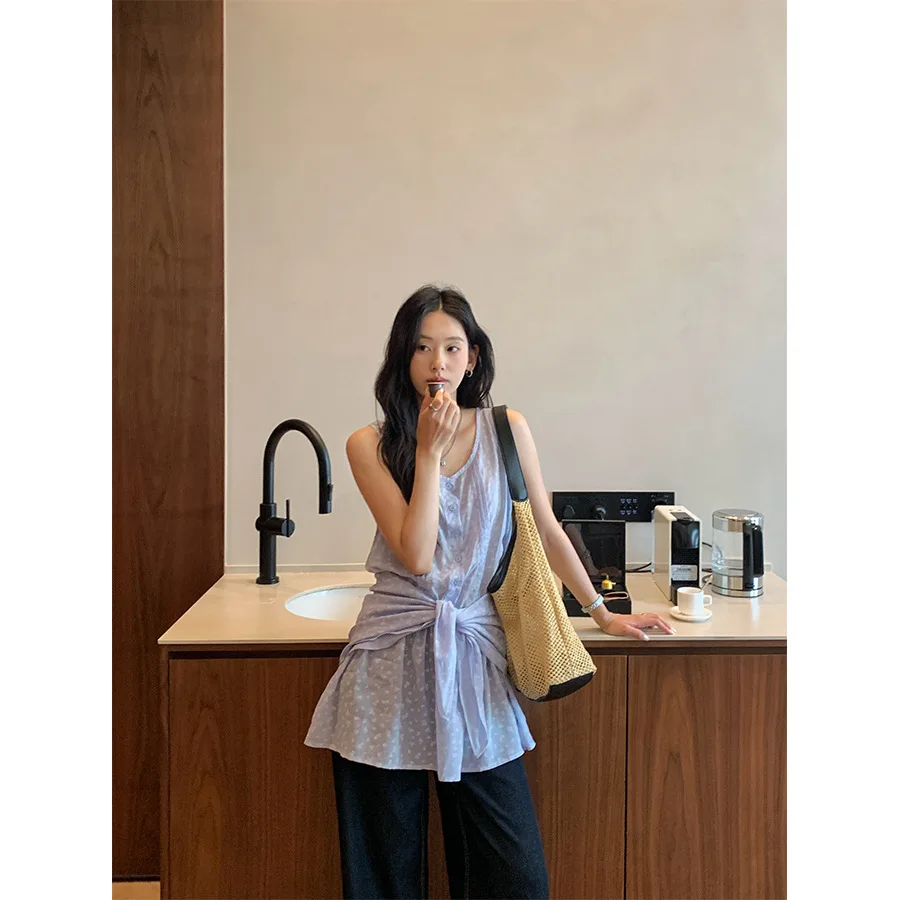 

Floral Pleated Texture Waist Scarf Sleeveless Dress for Women in Summer 2025, Elegant and Casual Long Skirt