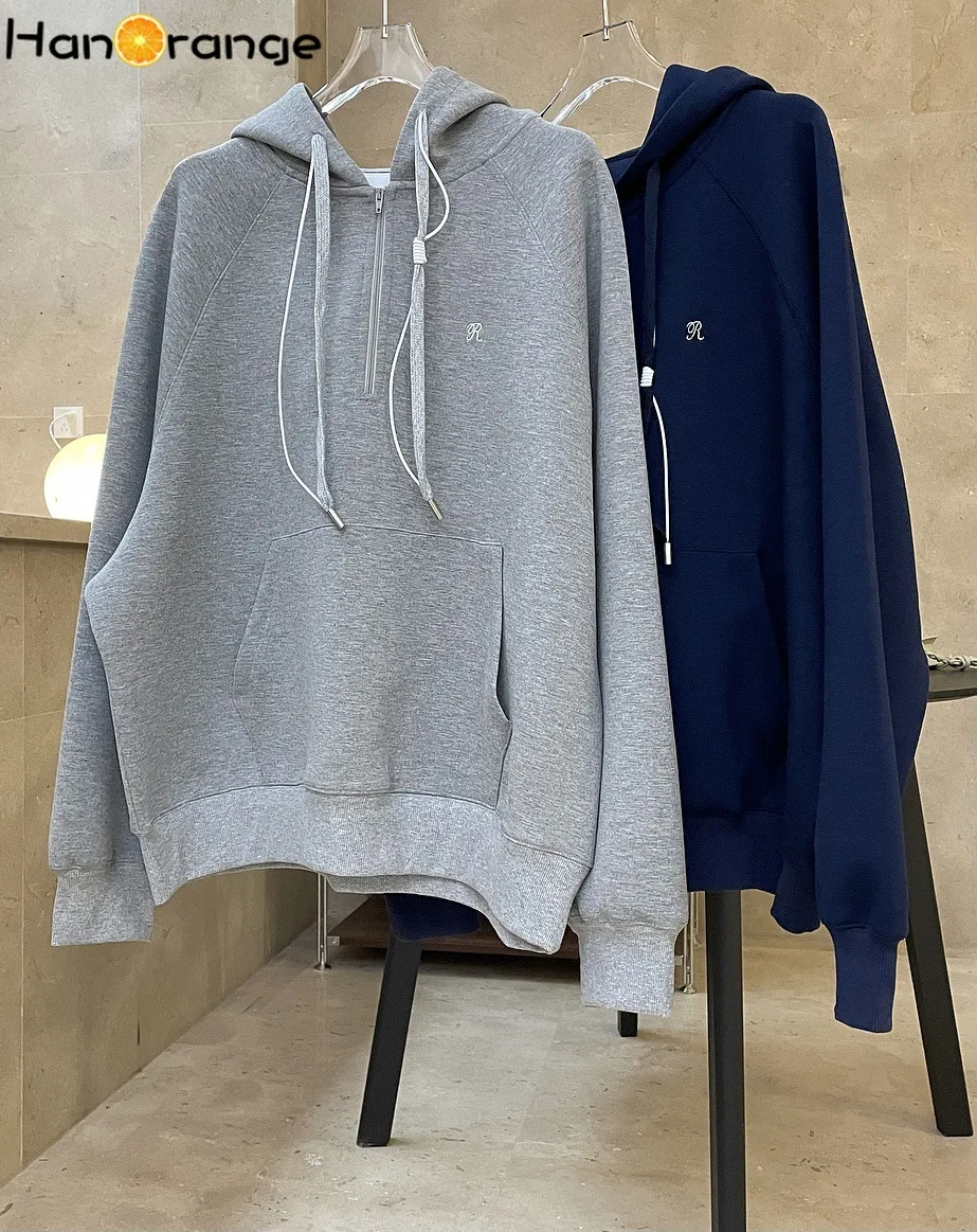 HanOrange-sudaderas con capucha bordadas para mujer, Sudadera con capucha sencilla, perfil holgado, capa de aire, Jersey informal para mujer 2024