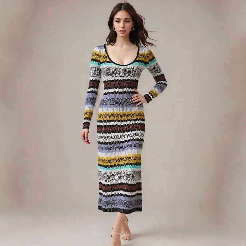 

Новое женское платье из джерси в полоску с цветными блоками, бандажные платья с длинными рукавами и круглым вырезом