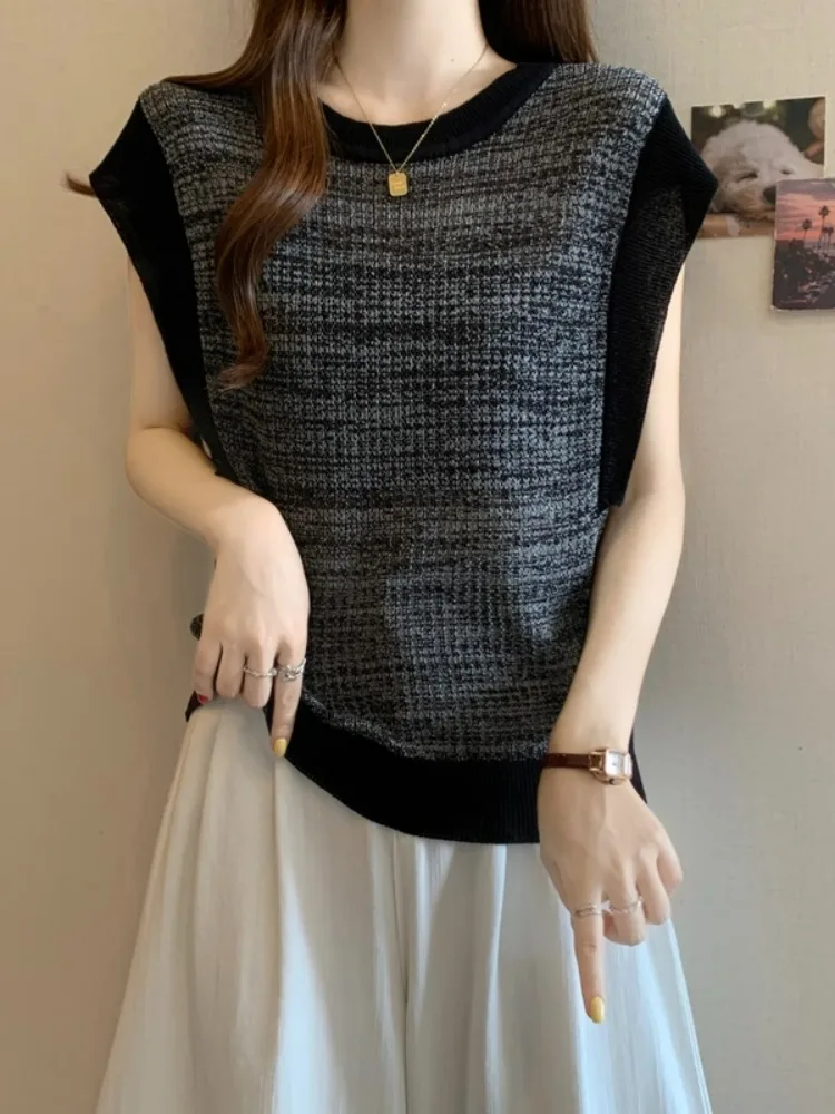 

Модный вязаный жилет из ледяного шелка для женщин, летний, больших размеров, короткий рукав, верхняя одежда, разноцветный, в корейском стиле