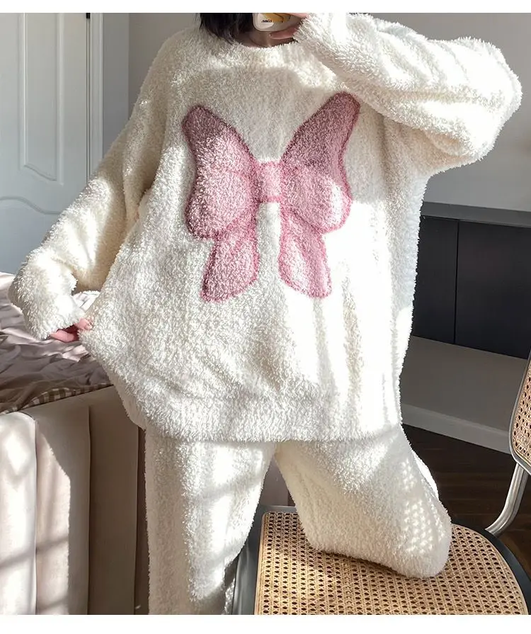 Yasuk Autumn Winter Fashion Women\'s Casual Lovely Bow Sweet Girl Warm Soft Sleepwear Loose Pajamas With Pants Flannel Pullover