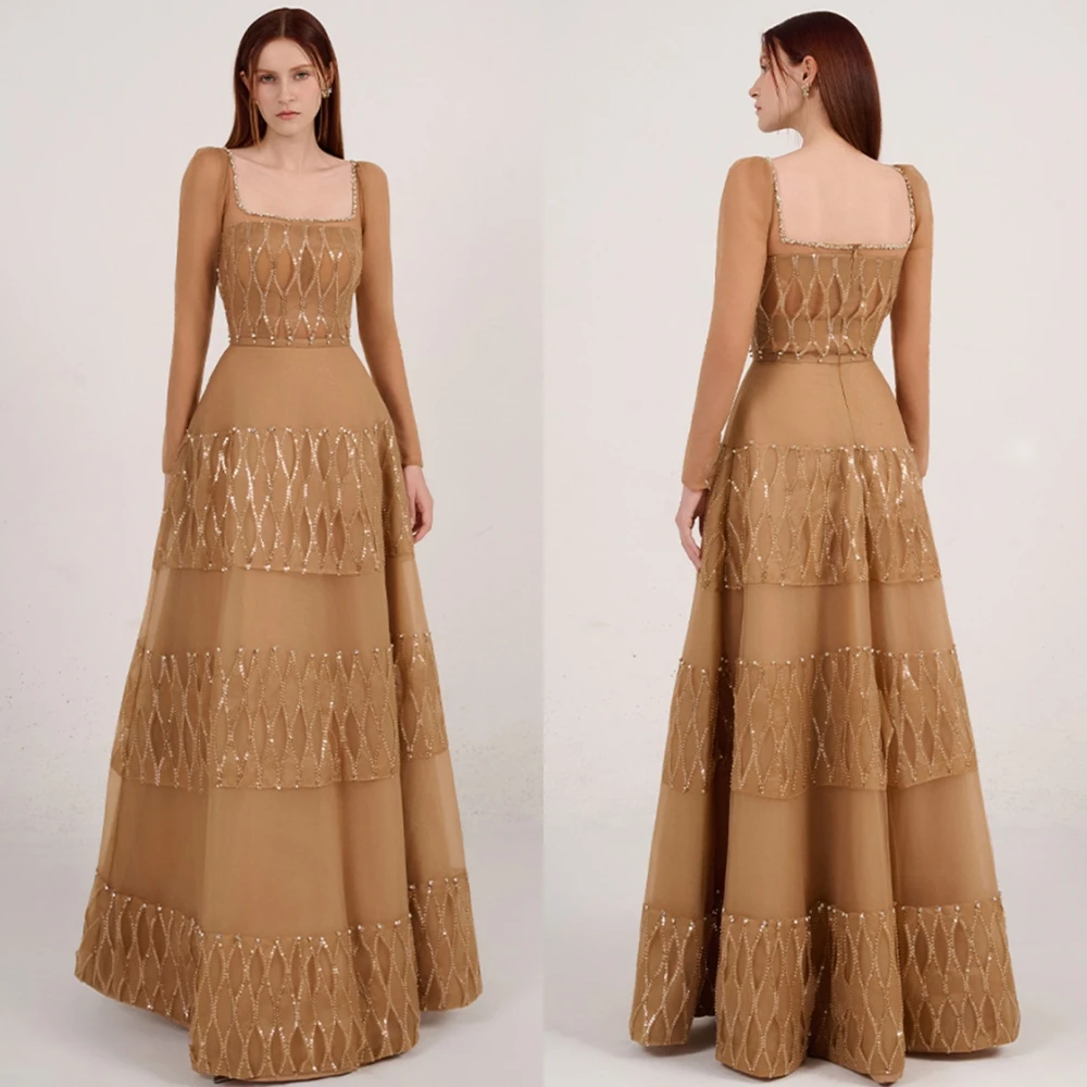 

Customized Simple champagne Organza Evening Dress Formal Square Collar Long Sleeves Party Dress Soft Sequined Crystal Prom Dress