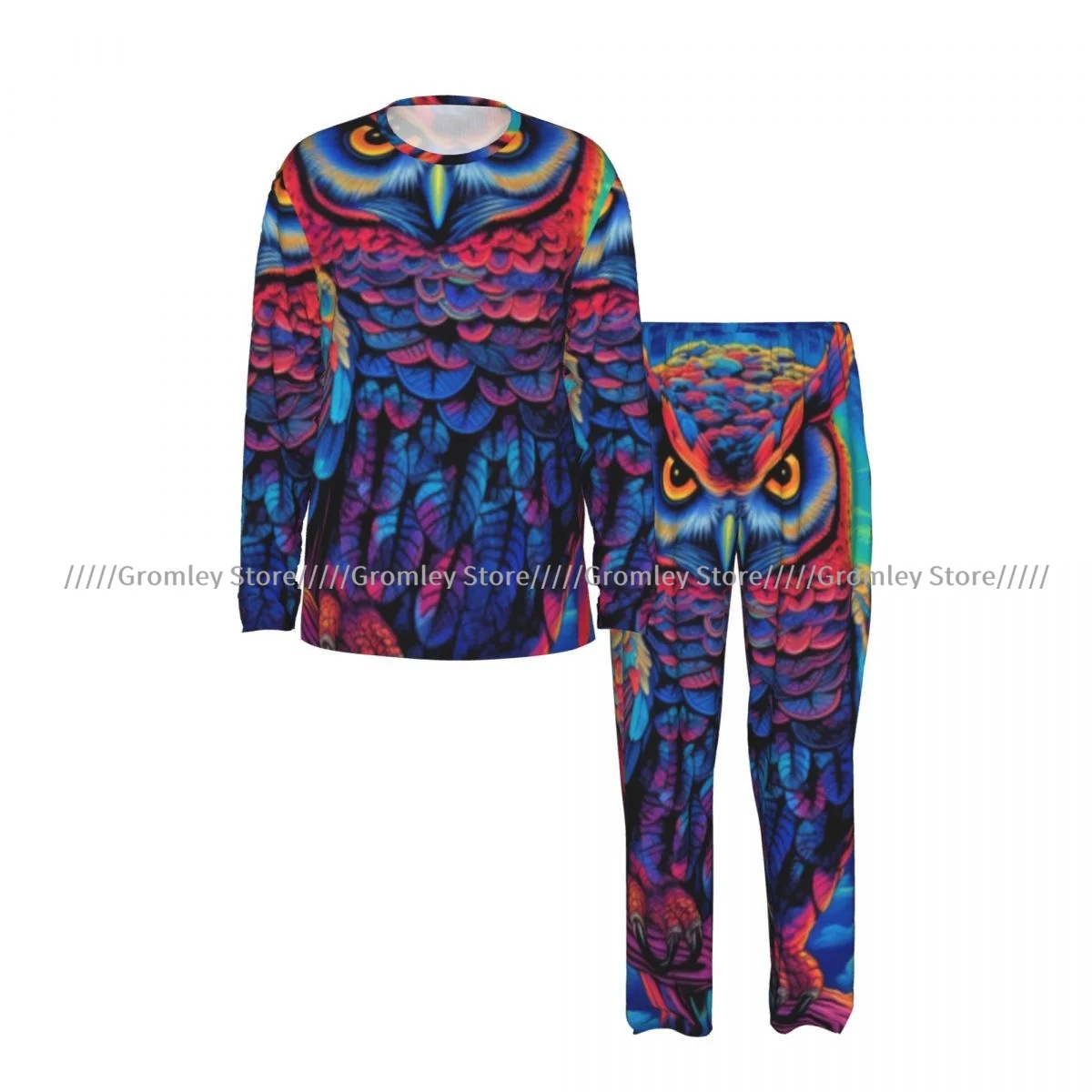 Men's Pajama Set Long Sleeve and Long Pants Colorful Owl On Branch In The Forest Soft Sleepwear for Home