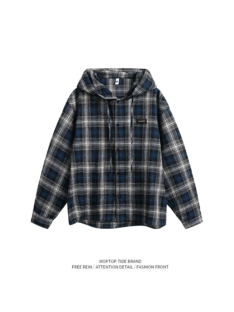 

Mr. WH Spring New Plaid Hooded irt Color Blo Loose Versatile Classic Outerwear for Youth Polyester Fiber Long Sve
