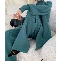 Three-piece Fashion Women's Solid Color Suit Knitted Suit Autumn and Winter Thickened Wide-legged Pants Bottom Sweater Cardigan