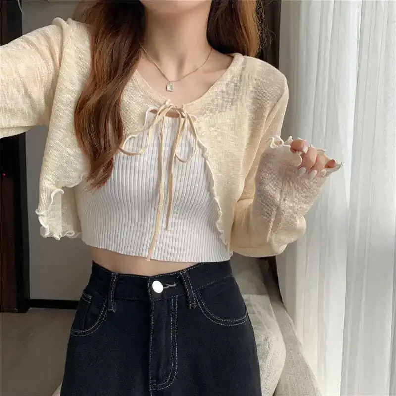 New Summer Women Thin Outerwear Sun Protection Cardigan Ice Silk Knit Tops Bow Lace Up Short Suspender Skirt Shawl Airable Shirt