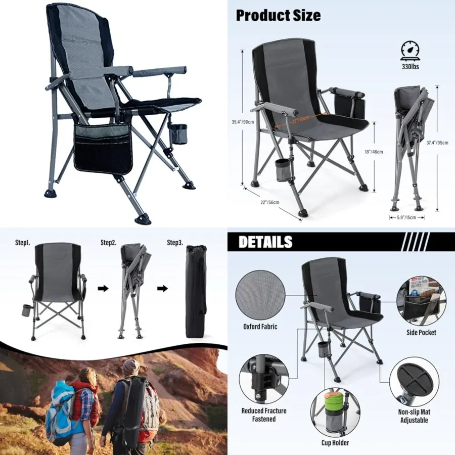 

Camping Chair for Adults, Heavy Duty 330lbs Capacity Folding Chairs for Outdoor, 600D Oxford Mesh High Back Camping Chairs with