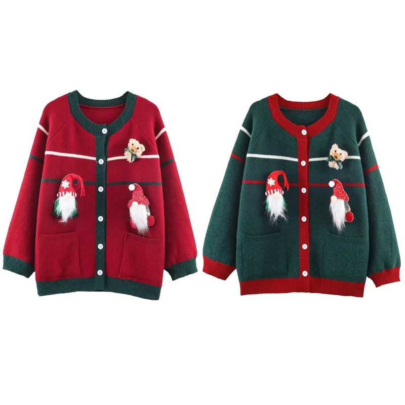 

Women’s Coat 2025 Winter New Arrival Solid Color Long Sleeve Knit Cardigan with Decoration Christmas Style Fashionable