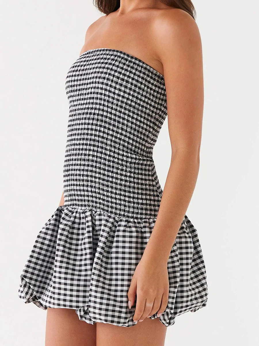 Schulterfreies Damen-Minikleid mit Karomuster, Puffball-Ärmeln und Röhrenoberteil-Design für einen stilvollen Look