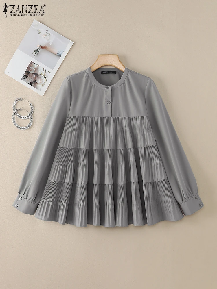 

ZANZEA 2025 осенние женские рубашки с длинным рукавом, повседневные свободные блузки с круглым вырезом, праздничные лоскутные топы с рюшами по краям, плиссированные туники