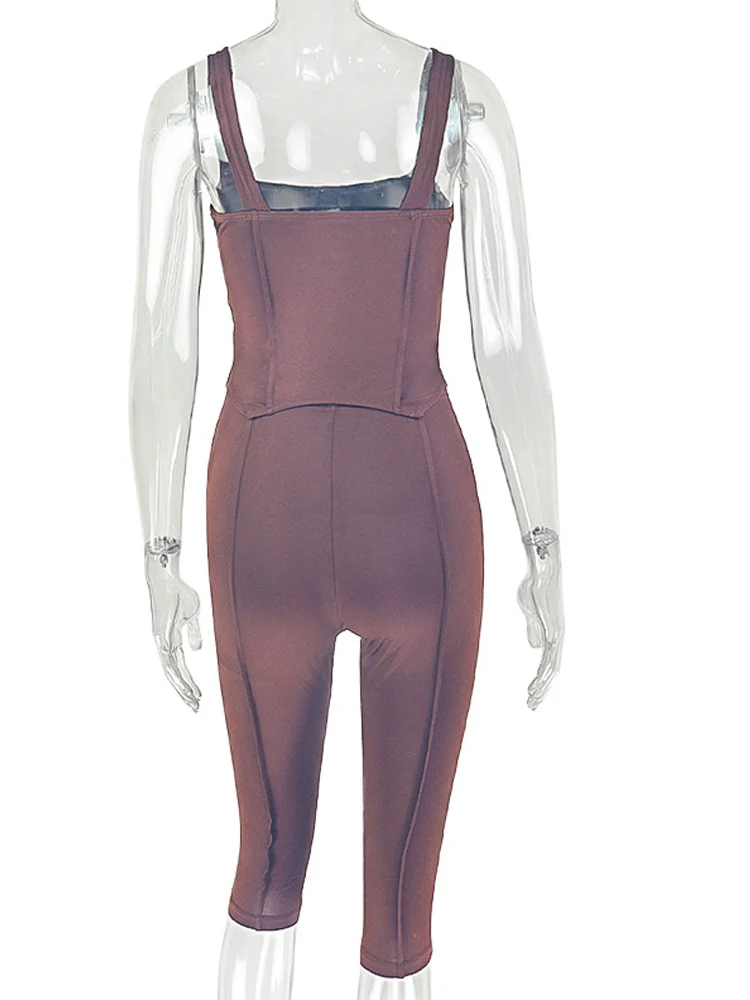 Beyprern Sexy Solid Brown Two Piece Set Women Slim Fit Sleeveless Corset Top Crop Top and Cropped Pants Set Casual Co-ord Sets - view 5