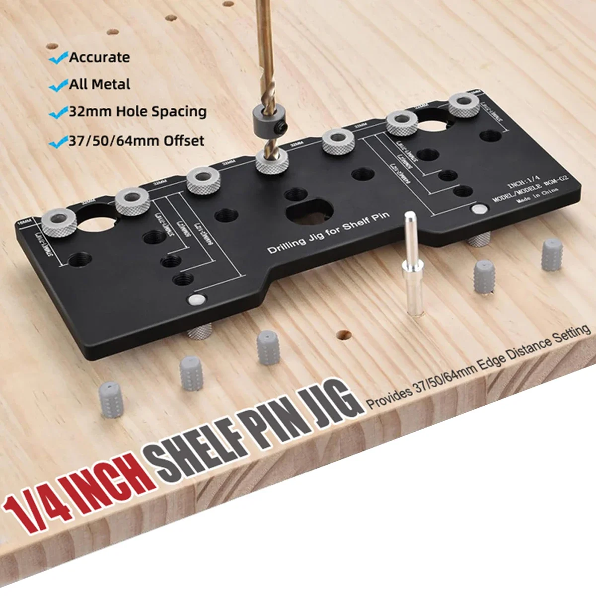 Shelf Pin Jig, 1/4 Inch Aluminum Alloy Shelf Pin Drilling Jig Drill Guide for Straight Holes Cabinet Hardware Jig Holes