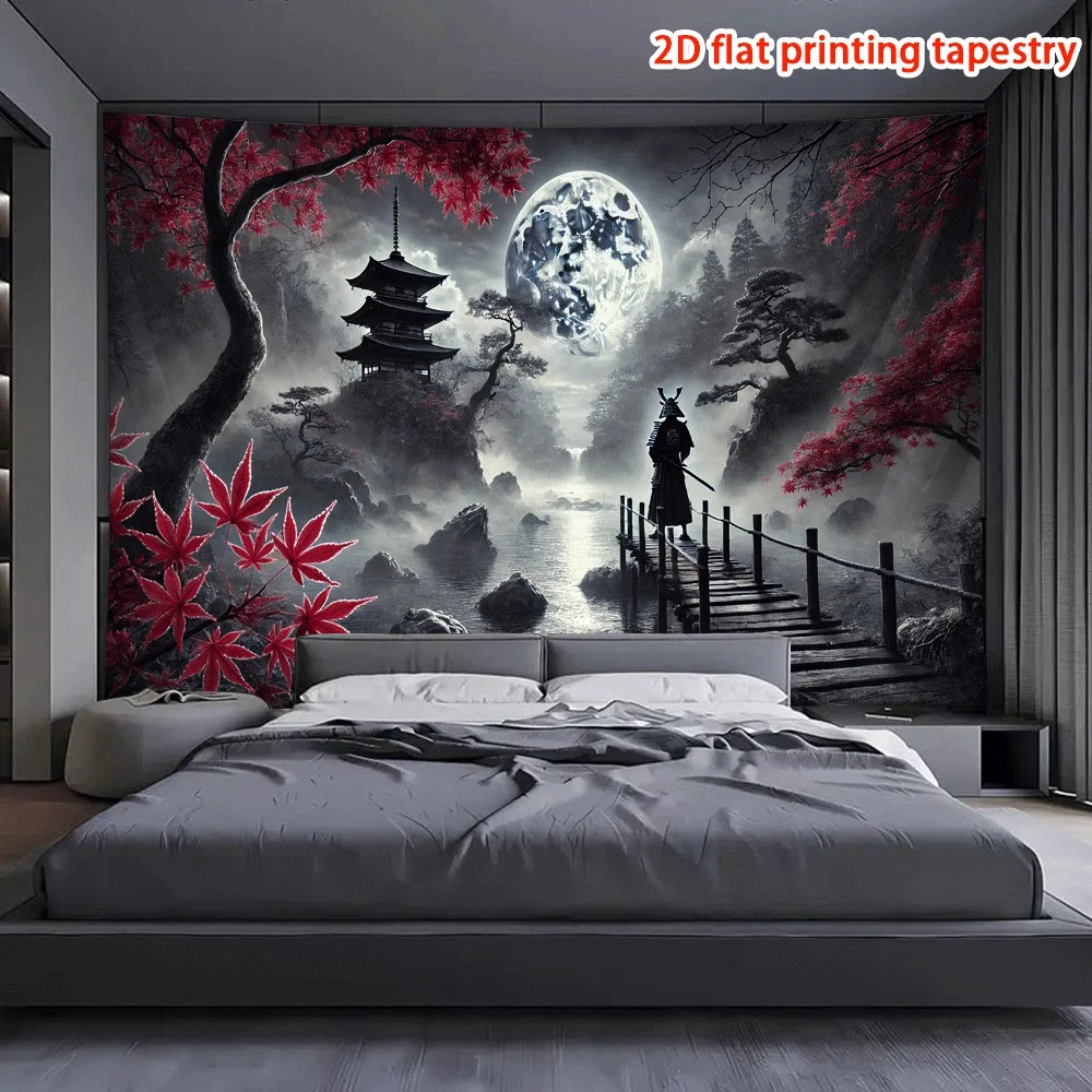 Decorative Asian Landscape Tapestry Wall Hanging Polyester Mural Print Chinese Pagoda Moonlit Night Decor for Bedroom Living Roo