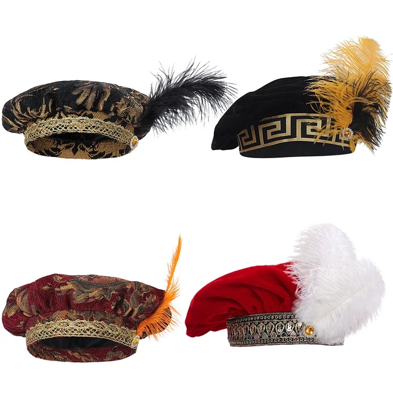New 2026 Red Medieval Tudor Hat Men With Feather Renaissance Velvet Men's Puffed Caps Elizabeth Flat Hats Hat Circumference 59cm
