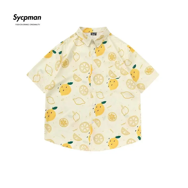 Sycpman Fun Lemon Print Short Sleeve Shirts for Men Summer Loose Casual Versatile Shirt Streetwear