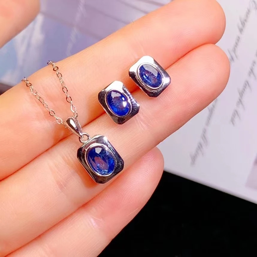 

Natural Blue Sapphire Earrings and Ring 4mm*6mm Total 1.5ct Solid 925 Silver Sapphire Jewelry Set with 3 Layers 18K Gold Plating