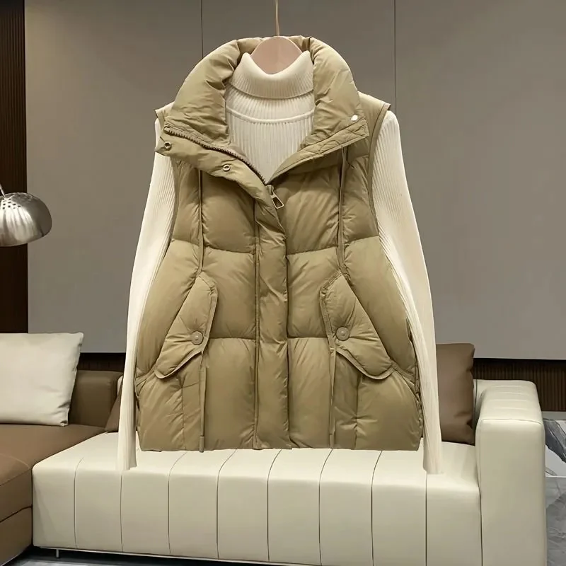 

2025 New Korean Winter Down Cotton Vest Jacket Women's Stand Collar Short Sleeveless Thick Warm Parkas Waistcoat Ladies Tops