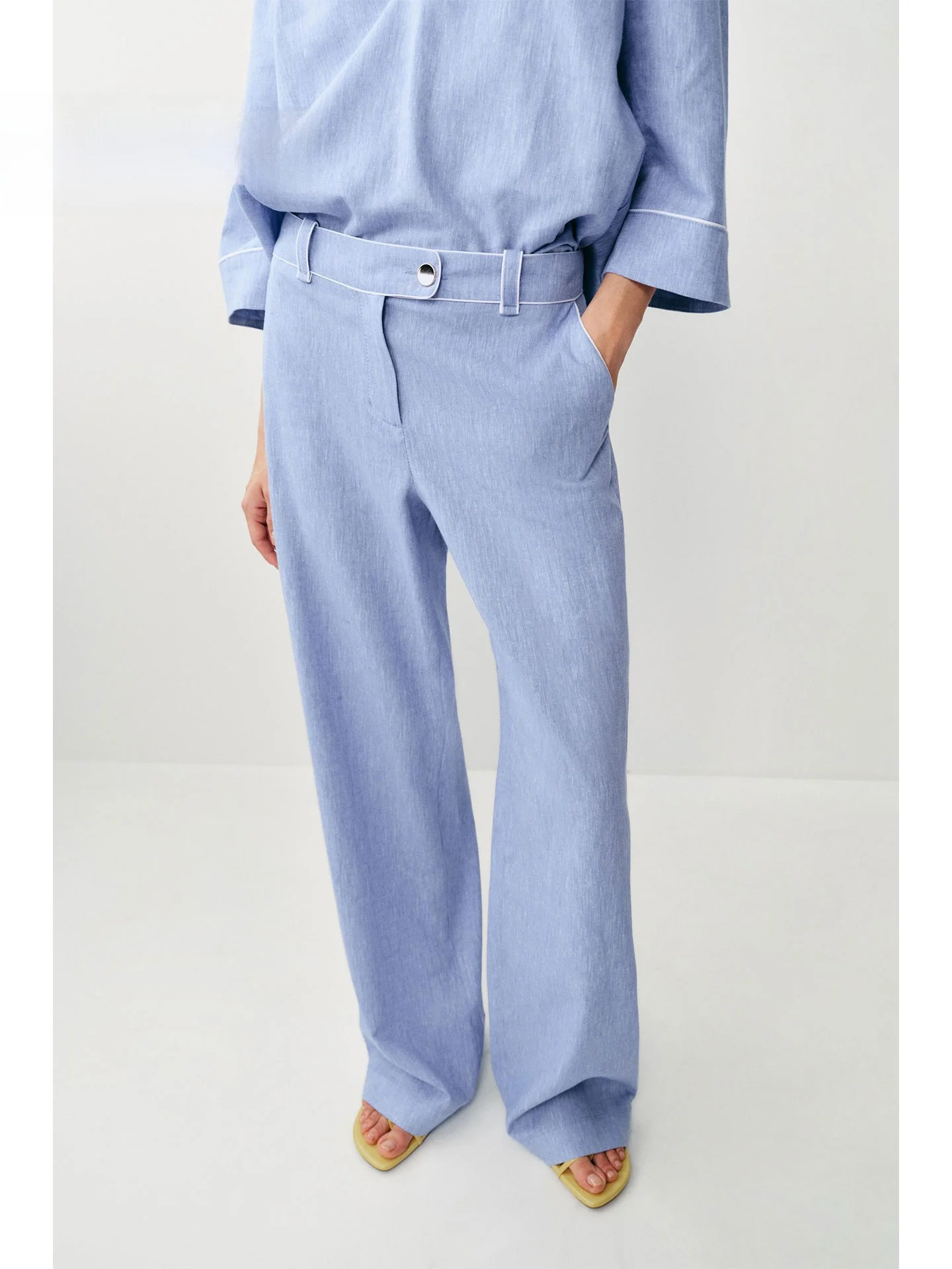 Summer 2026 High Waist Straight Leg Casual Pants Women's  Style Light Blue Stitching Long Trousers Commute Fashion