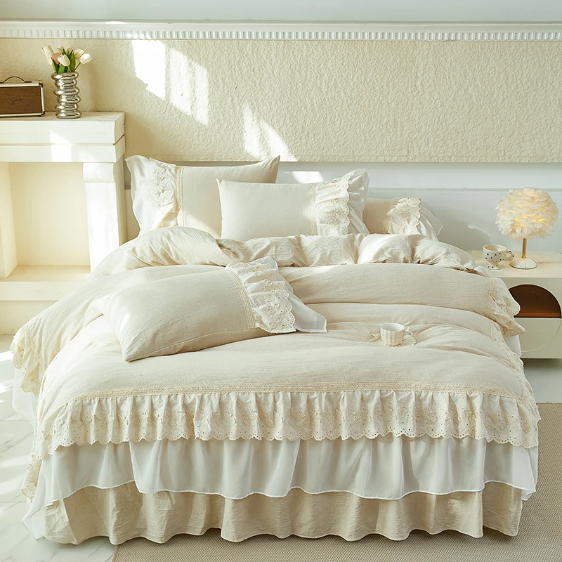 Cotton Linen Blend Vintage French Style Double Layer Lace Ruffles Princess Bedding Set Duvet Cover, Bed Skirt, Pillowcases, 4Pcs