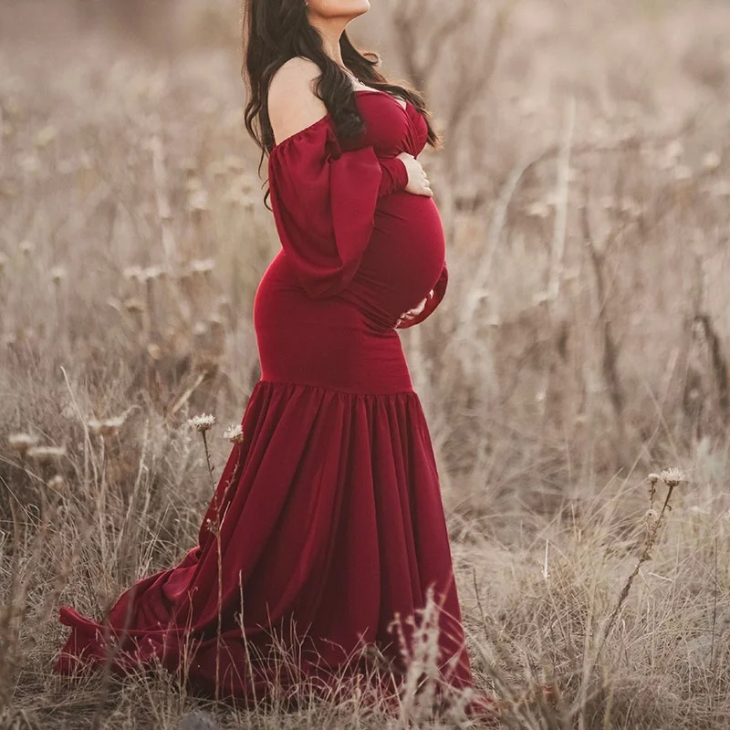 Vestido de maternidad con hombros descubiertos para Sesión de fotos, maxivestido de gasa, mangas largas, sirena, accesorios de fotografía para el