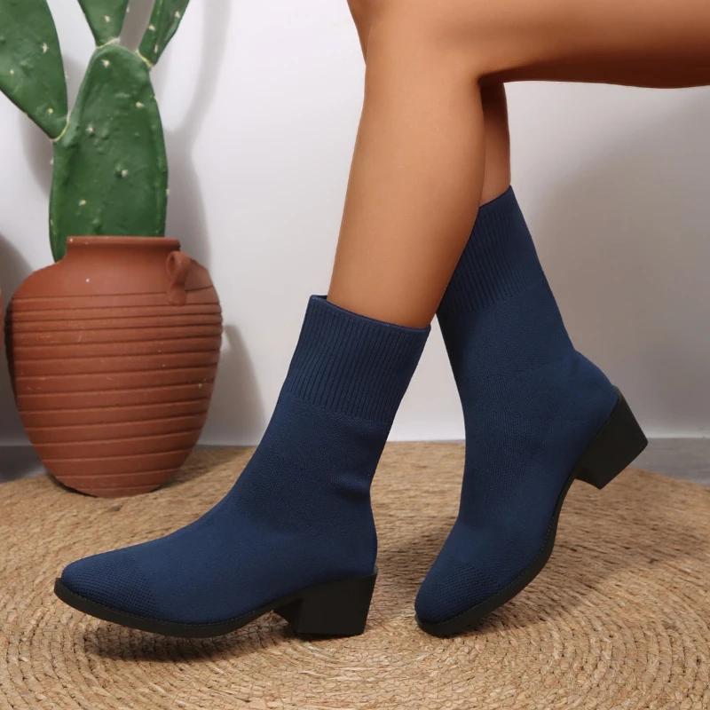 Large size slim women's mid heeled short boots spring autumn knitted women's single boots pointed toe thick heels women's shoes view 3