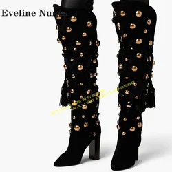 Gold Studded Tasseled Sexy Knee High Boots Pointed Block Heel V-Cut Pull On Sexy Runway Show Shoes 2024 Autumn Winter New Style