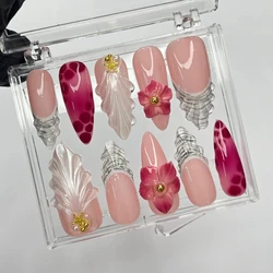 10Pcs Handmade Manicure Medium French 3D Almond Fake Nails New Flower Limited Press On Nails Design  with Adhesive Nail File Set